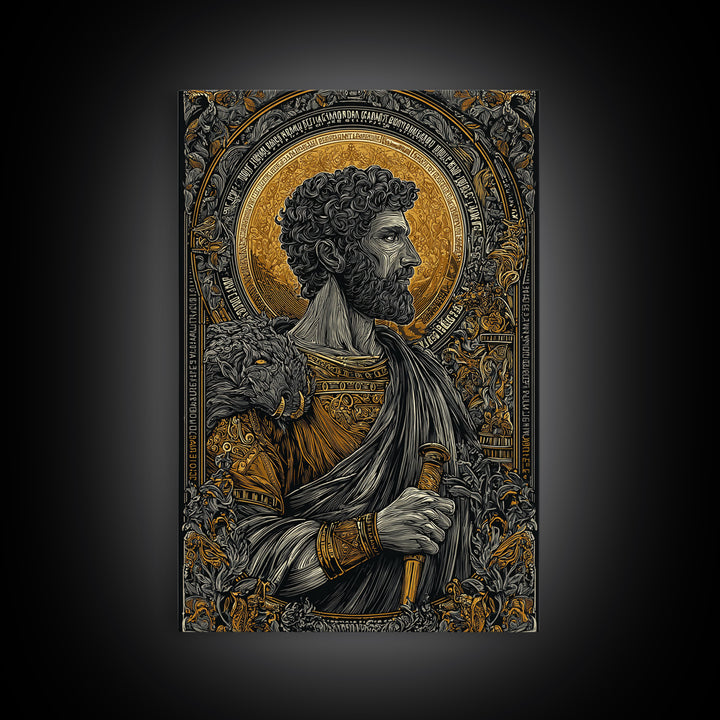 Commodus Canvas Gold Canvas Print, Roman Emperor With Sword Portrait, Historical Warrior Wall Art, Real Wood Framed Piece