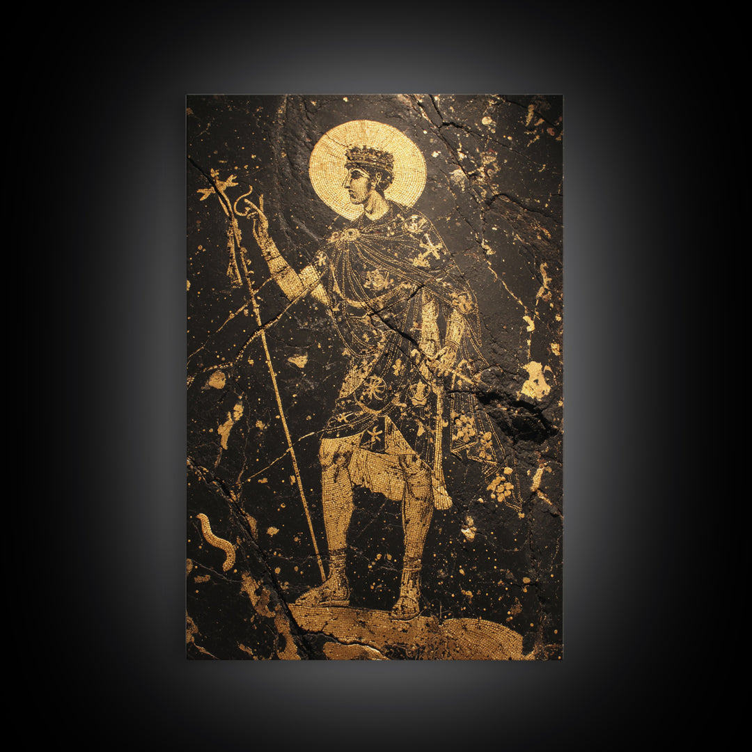Constantine Canvas Gold Canvas Print, Byzantine Roman Emperor Holding Staff Artwork, Regal Historical Wall Art, Wood Frame