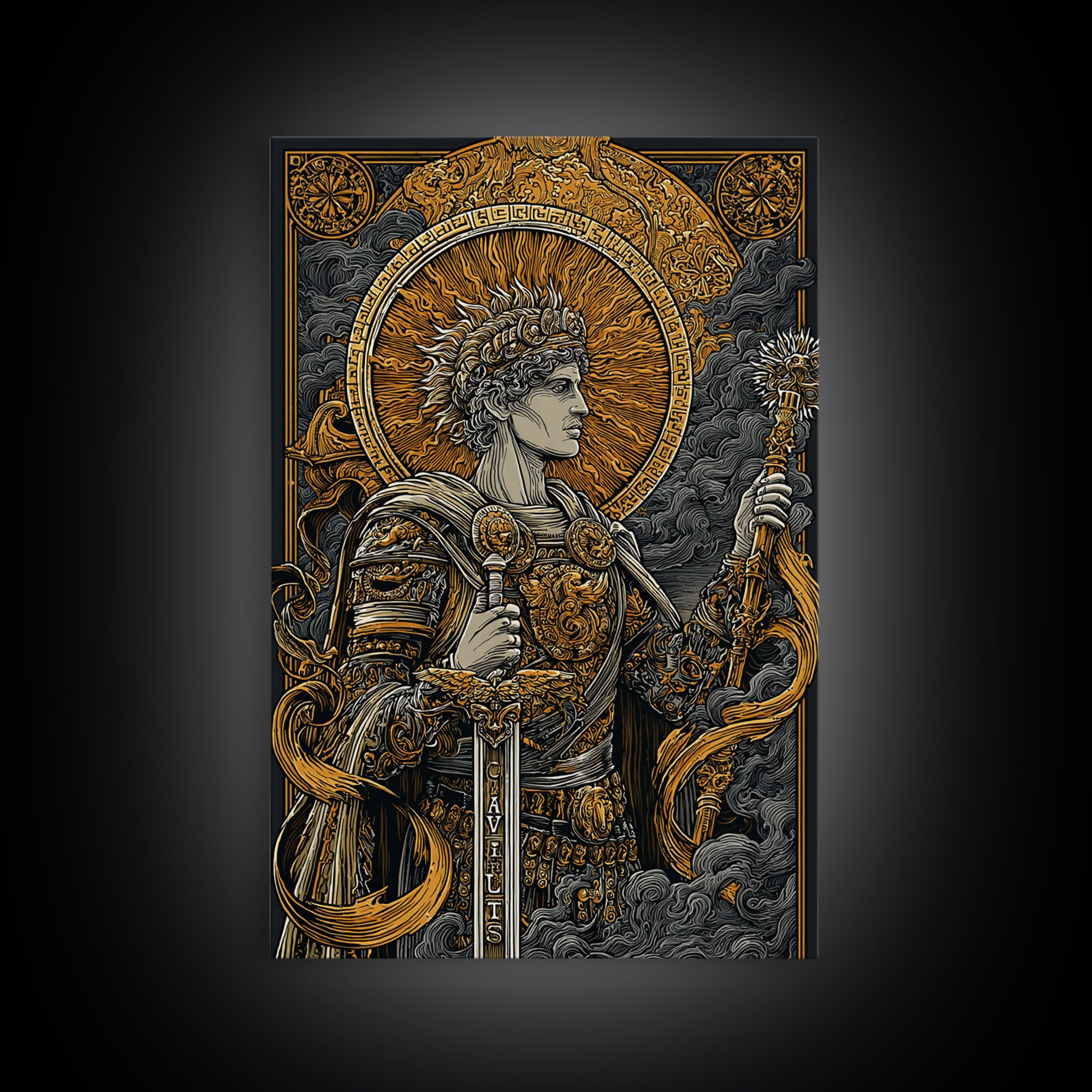Classical Warrior God Artwork, Canvas Gold Canvas Print, Mythology Wall Art, Ancient Roman Style, Real Wood Frame Decor
