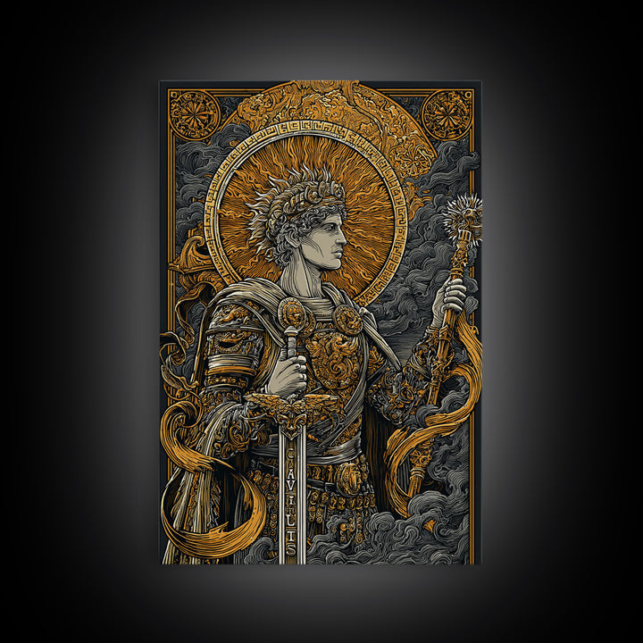 Classical Warrior God Artwork, Canvas Gold Canvas Print, Mythology Wall Art, Ancient Roman Style, Real Wood Frame Decor