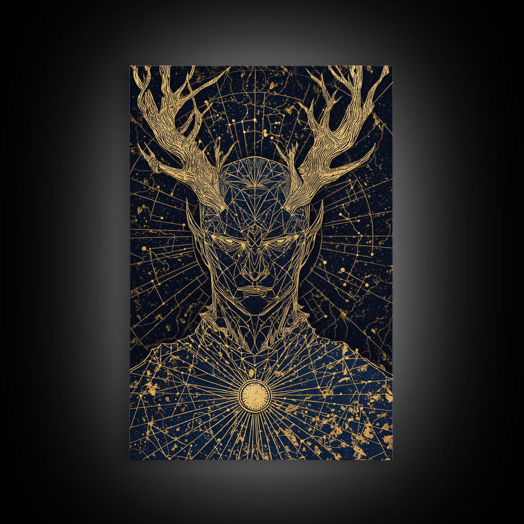Geometric Antler God Artwork, Canvas Gold Art Print, Mythology Constellation Wall Decor, Cosmic Style, Real Wood Frame