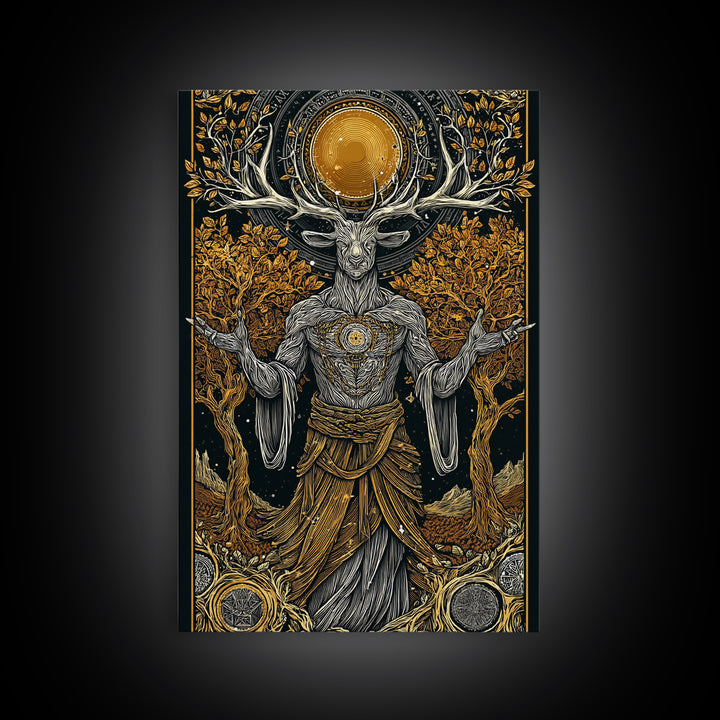 Forest Deer God Artwork, Canvas Gold Canvas Print, Pagan Mythology Wall Art, Nature Spirit Decor, Real Wood Frame Accent