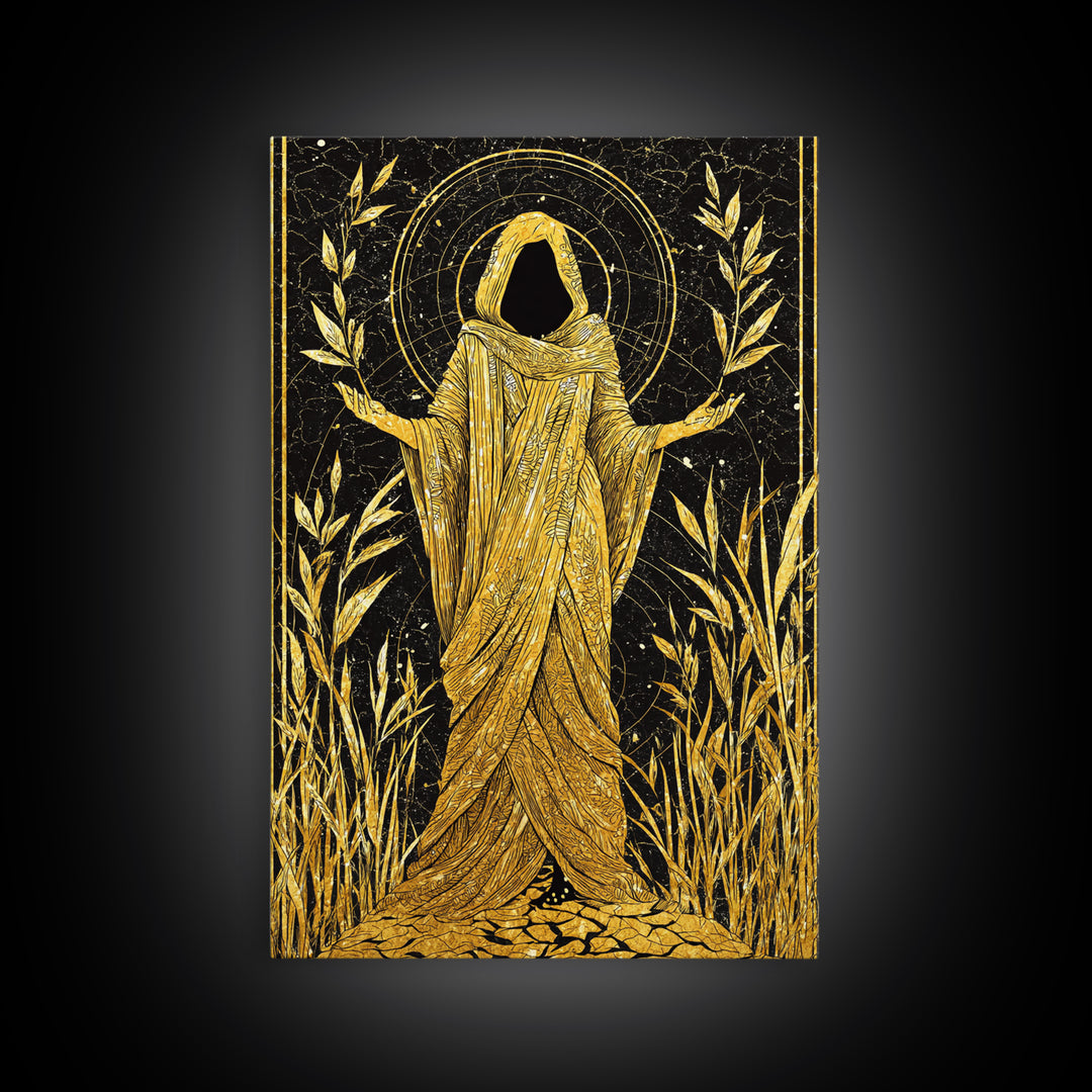 Mystical Hooded Figure Artwork, Canvas Gold Art Print, Mythology Spiritual Wall Decor, Divine Goddess Style, Real Wood Frame