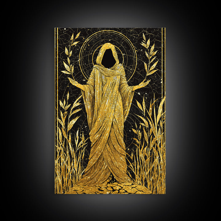 Mystical Hooded Figure Artwork, Canvas Gold Art Print, Mythology Spiritual Wall Decor, Divine Goddess Style, Real Wood Frame