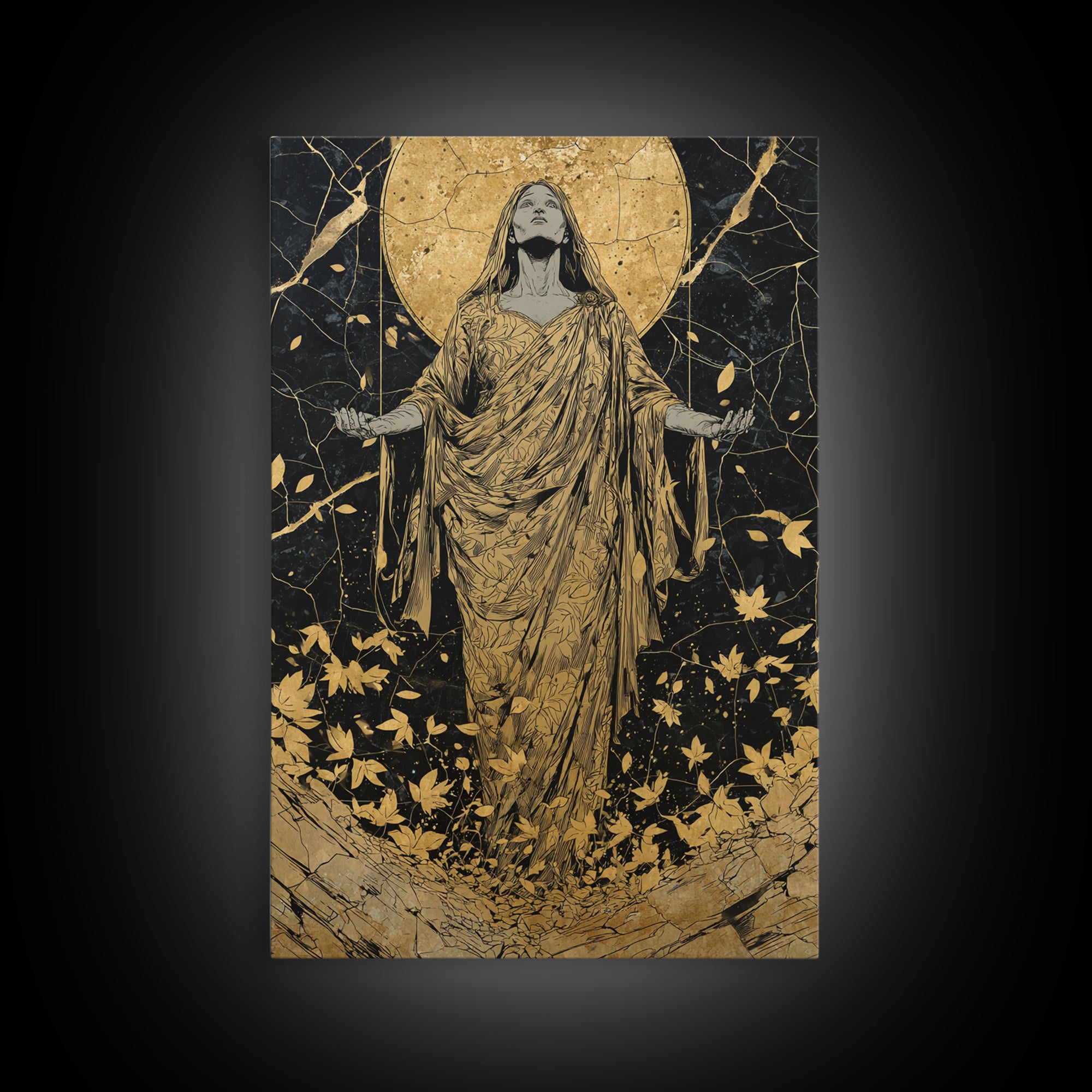 Ancient Goddess Rising Artwork, Canvas Gold Canvas Print, Mythology Divine Feminine Wall Art, Celestial Style, Real Wood Frame