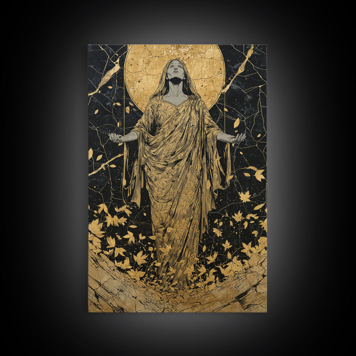 Ancient Goddess Rising Artwork, Canvas Gold Canvas Print, Mythology Divine Feminine Wall Art, Celestial Style, Real Wood Frame