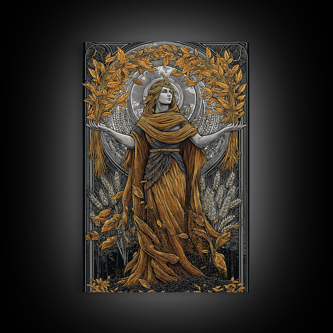 Harvest Goddess Artwork, Canvas Gold Art Print, Ancient Mythology Wall Decor, Wheat and Leaves Motif, Real Wood Frame Display