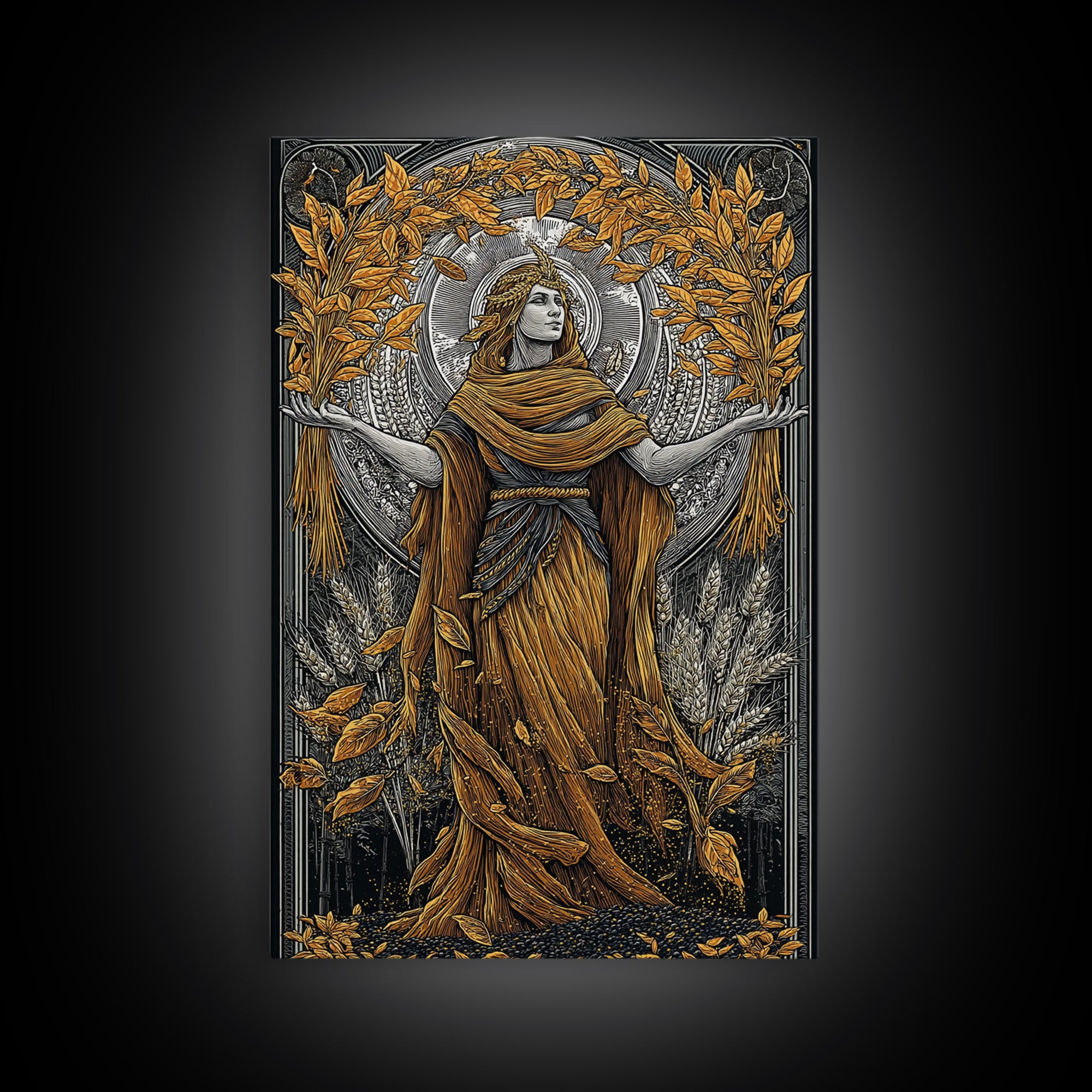 Harvest Goddess Artwork, Canvas Gold Art Print, Ancient Mythology Wall Decor, Wheat and Leaves Motif, Real Wood Frame Display