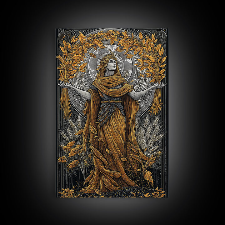 Harvest Goddess Artwork, Canvas Gold Art Print, Ancient Mythology Wall Decor, Wheat and Leaves Motif, Real Wood Frame Display