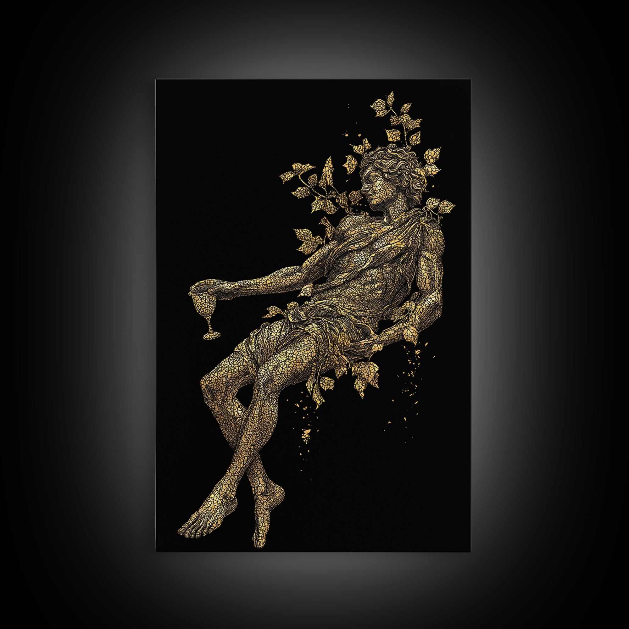 Resting God With Wine Artwork, Canvas Gold Canvas Print, Mythology Dionysus Inspired Wall Art, Mosaic Style, Real Wood Frame