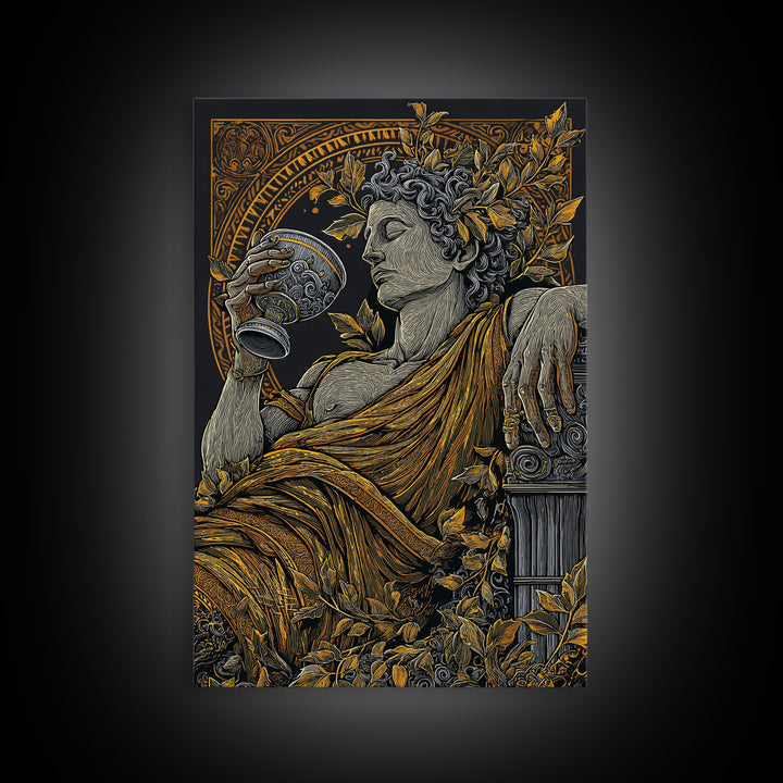 Reclining God With Chalice Artwork, Canvas Gold Art Print, Mythology Inspired Wall Decor, Classical Greek Style, Real Wood Frame