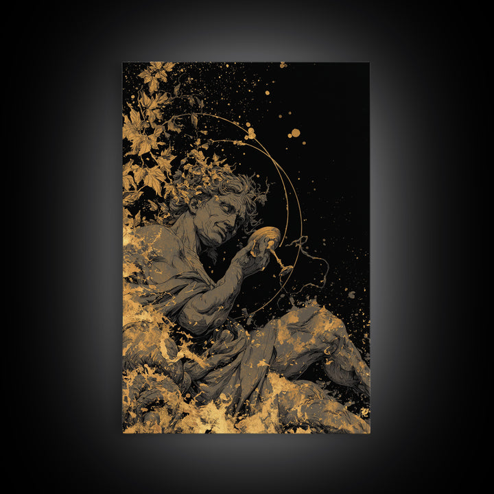 Mythology God Drinking Artwork, Canvas Gold Canvas Print, Ancient Dionysus Inspired Wall Art, Wine Motif Decor, Real Wood Frame