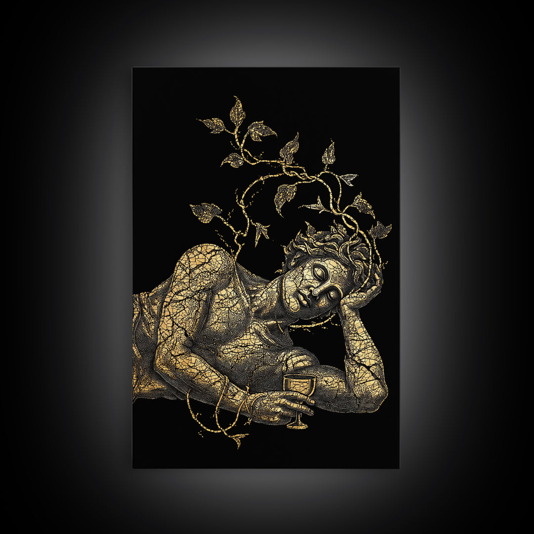 Sleeping God With Vines Artwork, Canvas Gold Art Print, Mythology Dionysus Inspired Wall Decor, Mosaic Style, Real Wood Frame