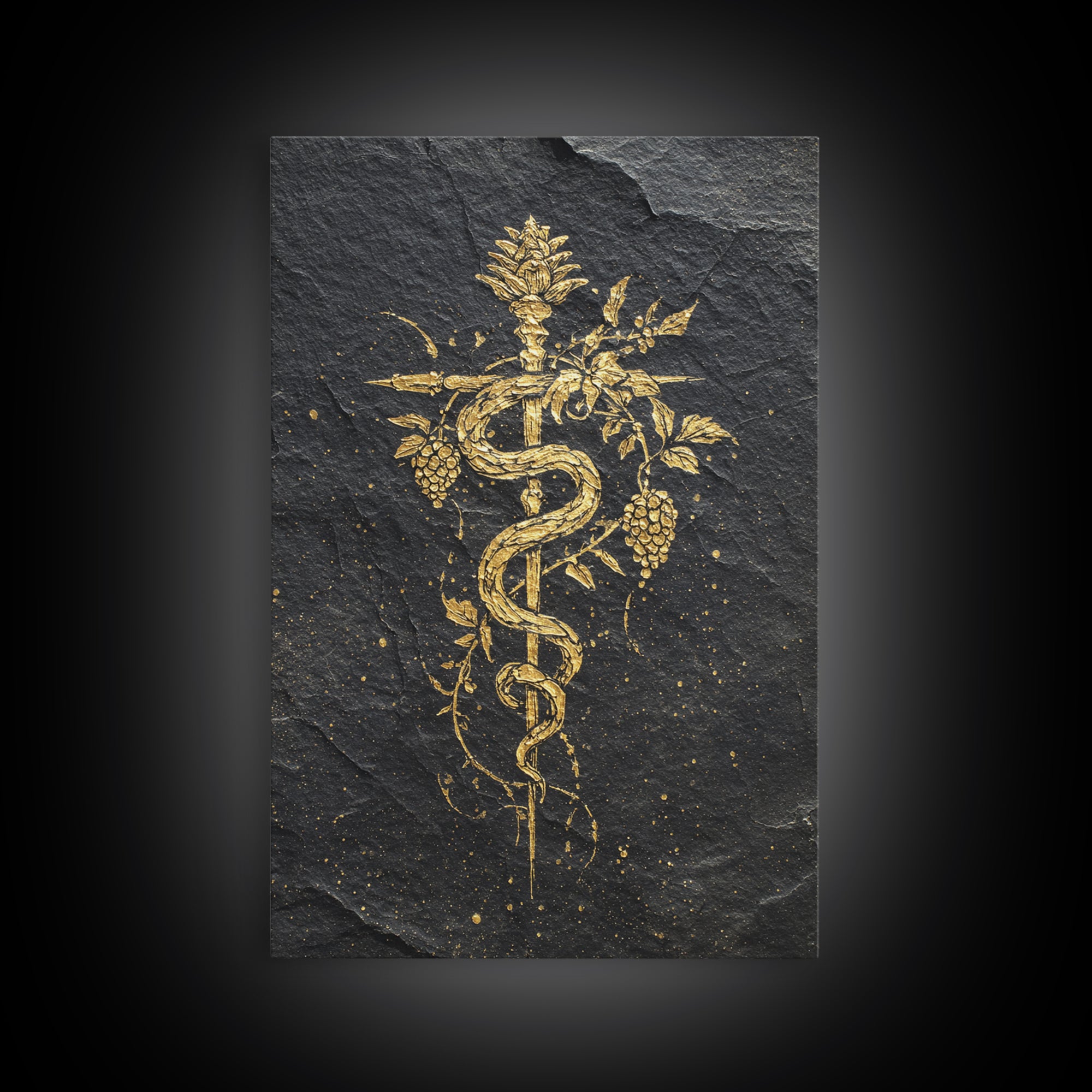 Mythical Serpent Staff Canvas Gold Canvas Print, Ancient Symbolic Snake Art, Luxury Decor With Real Wood Frame