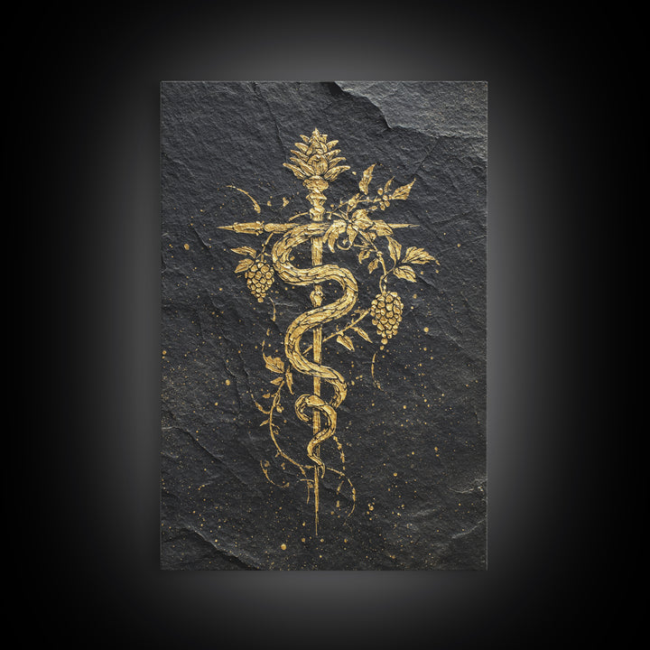 Mythical Serpent Staff Canvas Gold Canvas Print, Ancient Symbolic Snake Art, Luxury Decor With Real Wood Frame