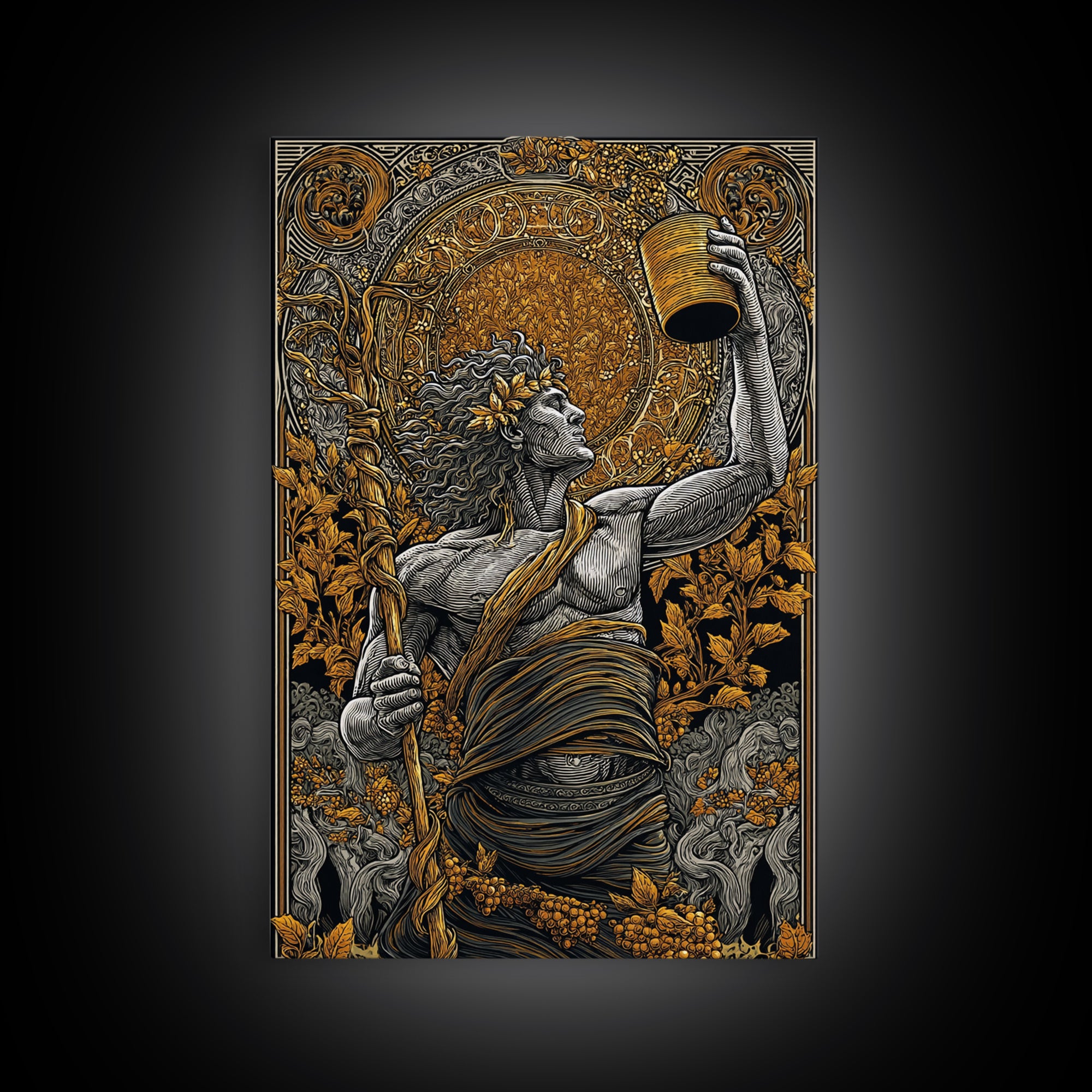 Dionysus Celebration Canvas Gold Canvas Print, Greek God Of Wine Wall Art, Mythology Decor With Real Wood Frame