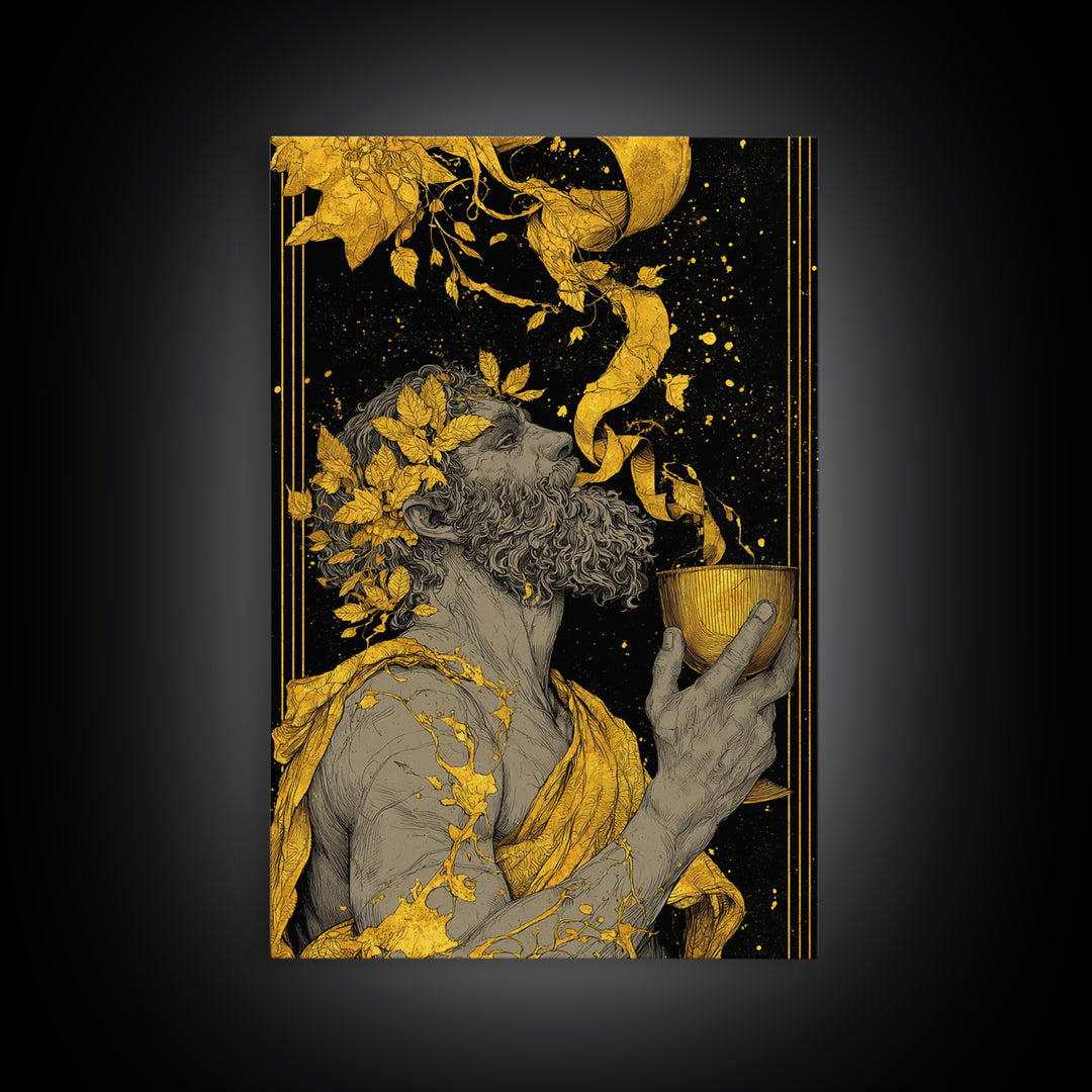 Bearded Dionysus Canvas Gold Canvas Print, Greek Mythology Wine God Wall Art, Regal Luxury Decor With Real Wood Frame
