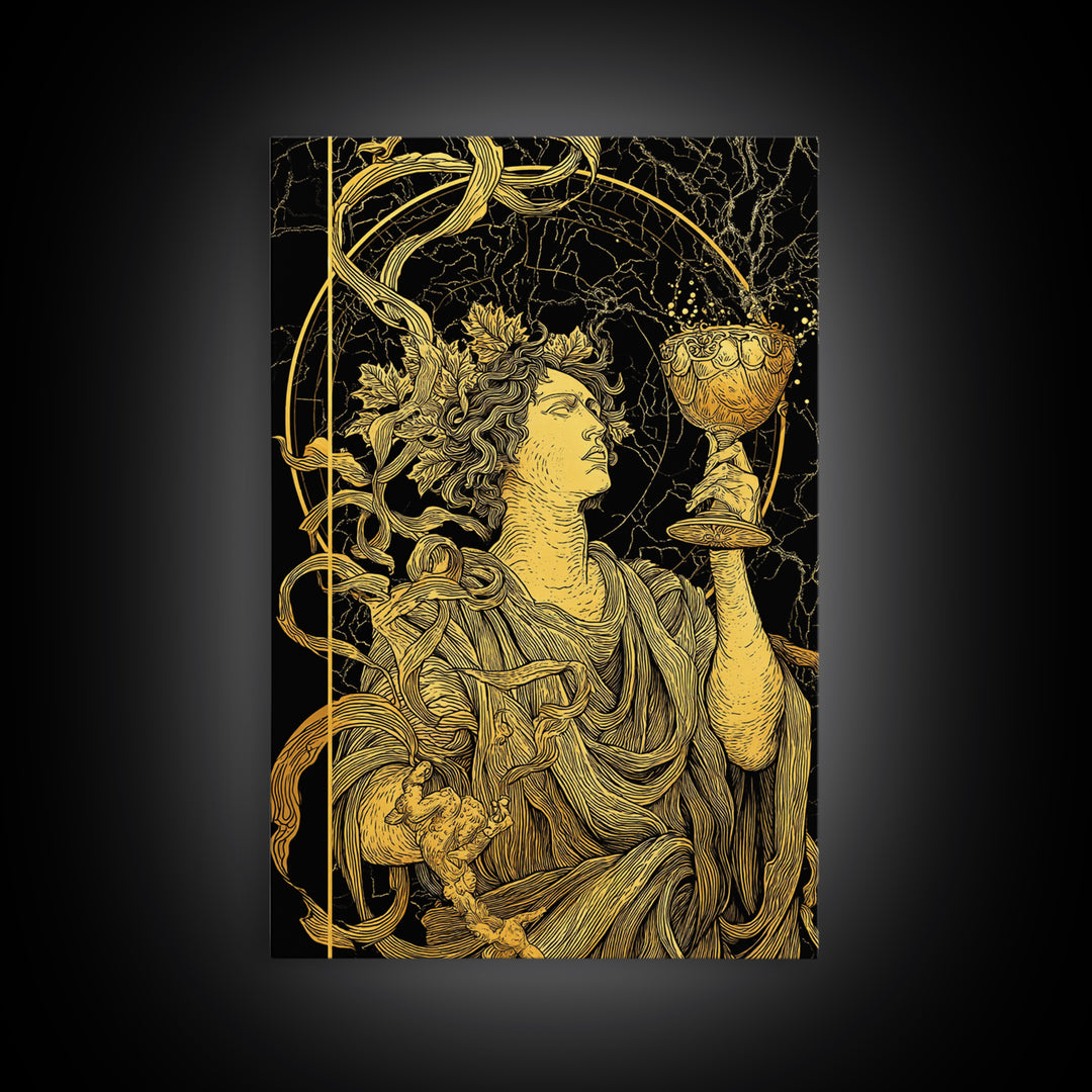 Dionysus With Chalice Canvas Gold Canvas Print, Ancient Greek God Art, Mythology Home Decor With Real Wood Frame