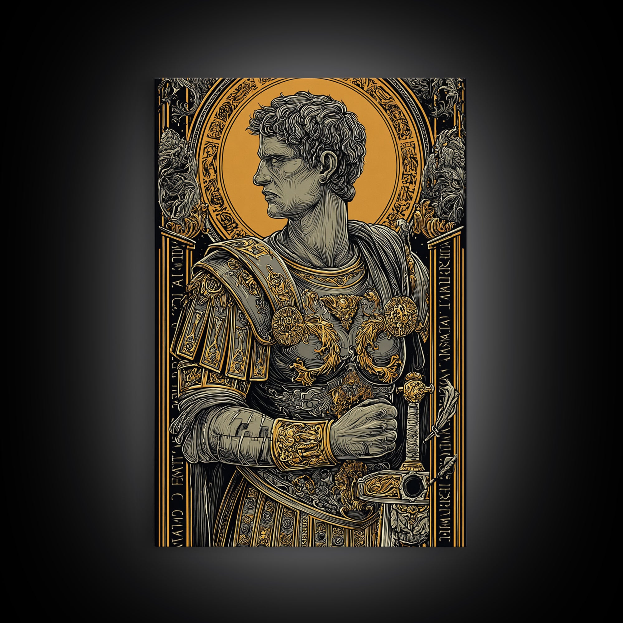 Roman General Portrait Canvas Gold Canvas Print, Ancient Warrior Wall Art, Regal Classical Decor With Real Wood Frame