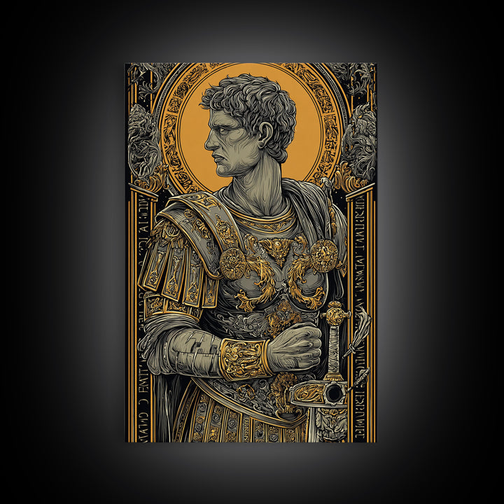 Roman General Portrait Canvas Gold Canvas Print, Ancient Warrior Wall Art, Regal Classical Decor With Real Wood Frame