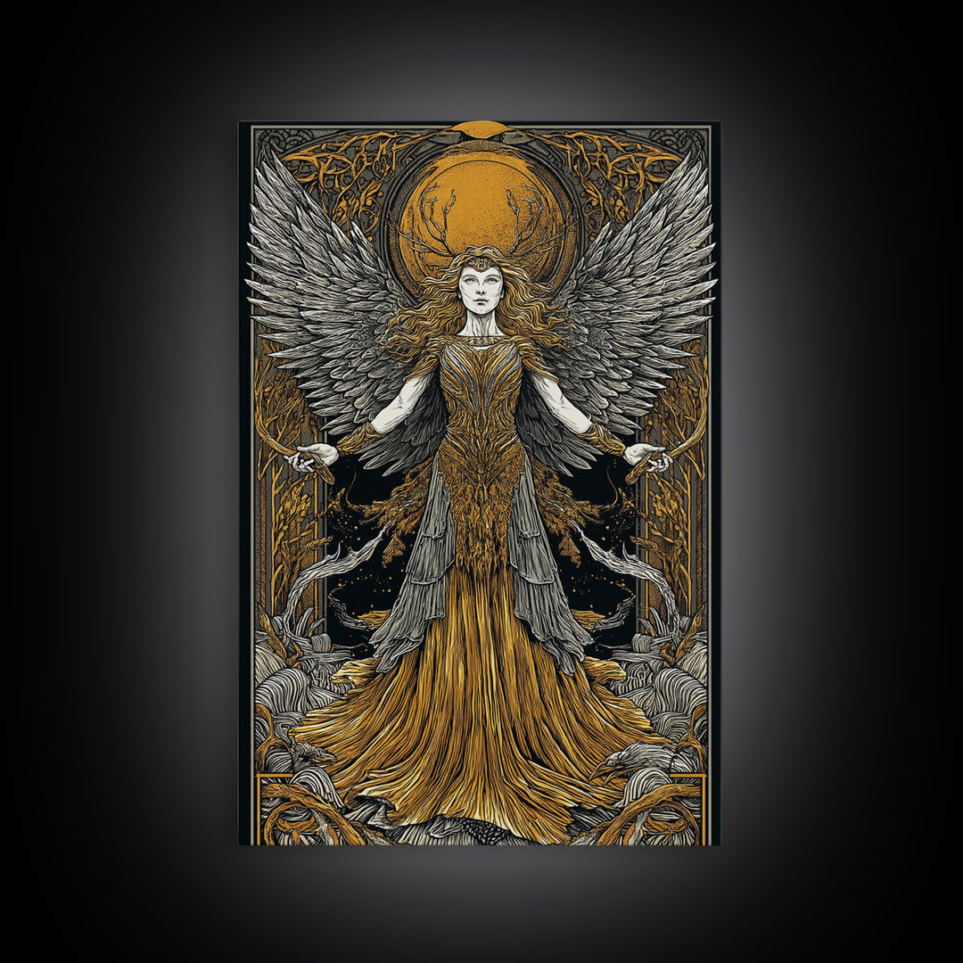 Mythical Winged Goddess Canvas Gold Canvas Print, Fantasy Divine Woman Art, Ethereal Luxury Decor With Real Wood Frame