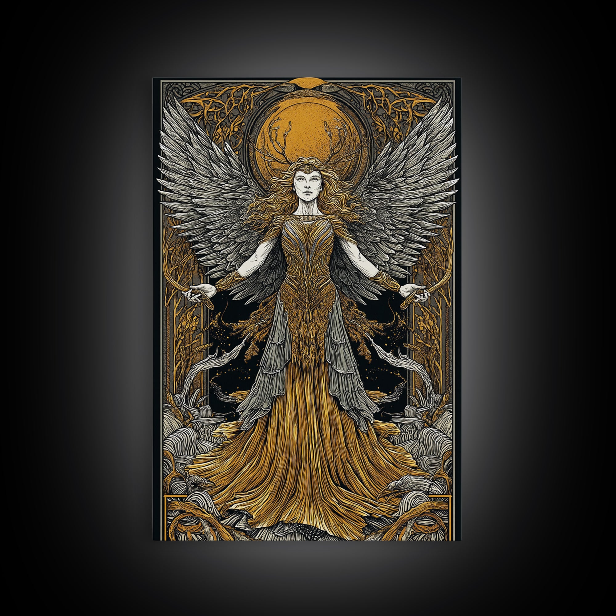 Mythical Winged Goddess Canvas Gold Canvas Print, Fantasy Divine Woman Art, Ethereal Luxury Decor With Real Wood Frame