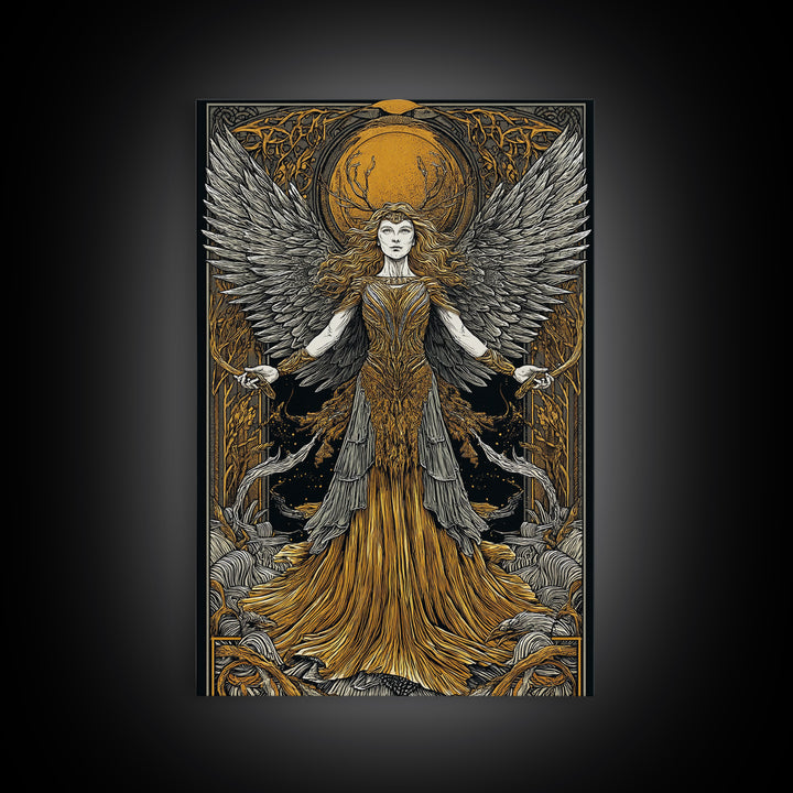 Mythical Winged Goddess Canvas Gold Canvas Print, Fantasy Divine Woman Art, Ethereal Luxury Decor With Real Wood Frame