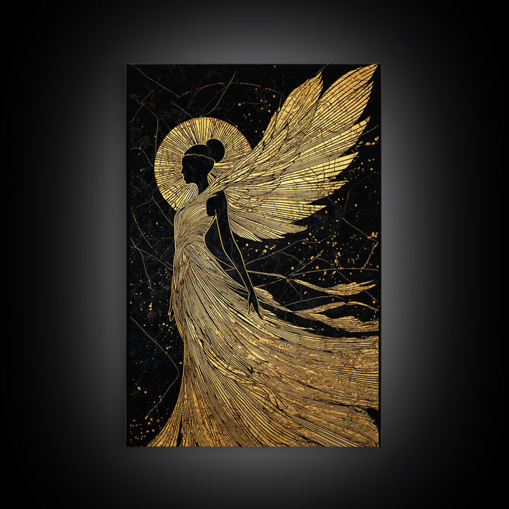 Golden Angelic Silhouette Canvas Gold Canvas Print, Elegant Divine Figure Art, Celestial Decor With Real Wood Frame