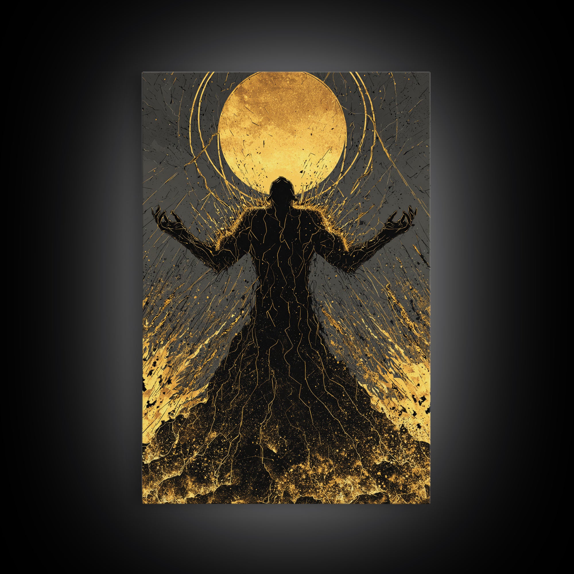 Cosmic Ascension Canvas Gold Canvas Print, Abstract Silhouette Moon Art, Spiritual Mythology Decor With Real Wood Frame