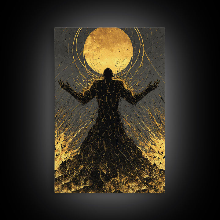 Cosmic Ascension Canvas Gold Canvas Print, Abstract Silhouette Moon Art, Spiritual Mythology Decor With Real Wood Frame