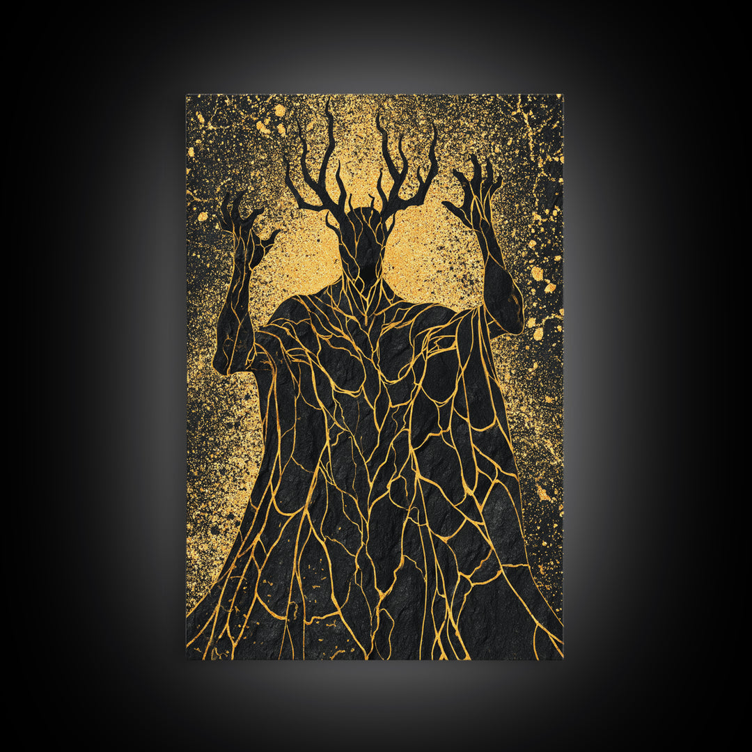 Antlered Mythical Deity Canvas Gold Canvas Print, Fantasy Abstract Wall Art, Mystical Surreal Figure, Real Wood Frame