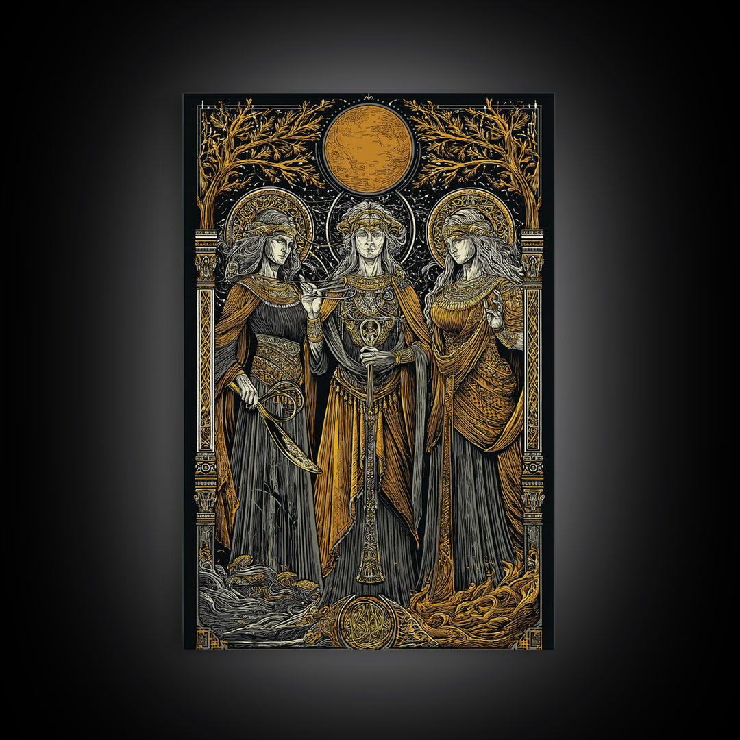 Three Goddesses Mythological Canvas Gold Canvas Print, Greek Goddess Wall Art, Sacred Feminine Decorative Art, Real Wood Frame