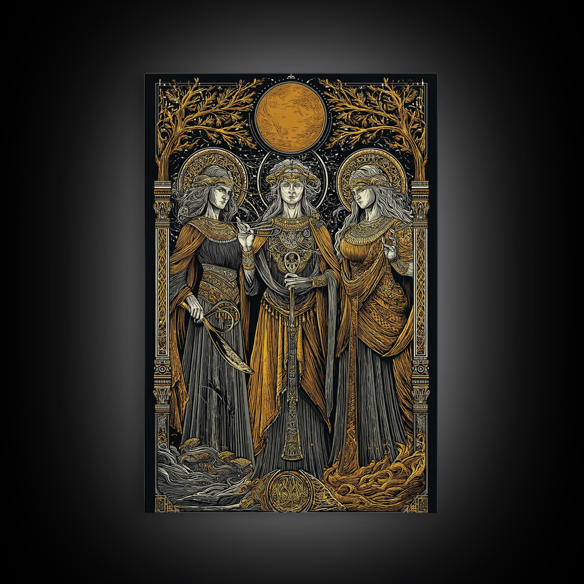 Three Goddesses Mythological Canvas Gold Canvas Print, Greek Goddess Wall Art, Sacred Feminine Decorative Art, Real Wood Frame