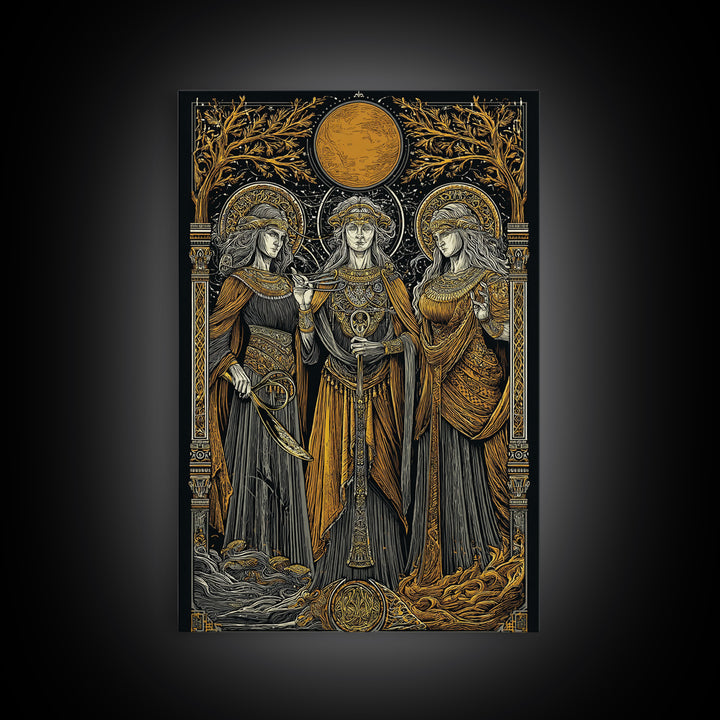 Three Goddesses Mythological Canvas Gold Canvas Print, Greek Goddess Wall Art, Sacred Feminine Decorative Art, Real Wood Frame