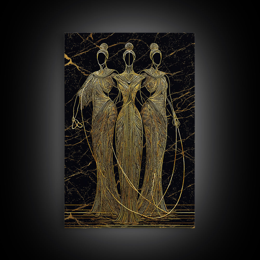 The Fates Mythological Canvas Gold Canvas Print, Destiny Goddess Wall Art, Greek Myth Symbolism, Elegant Decor, Real Wood Frame