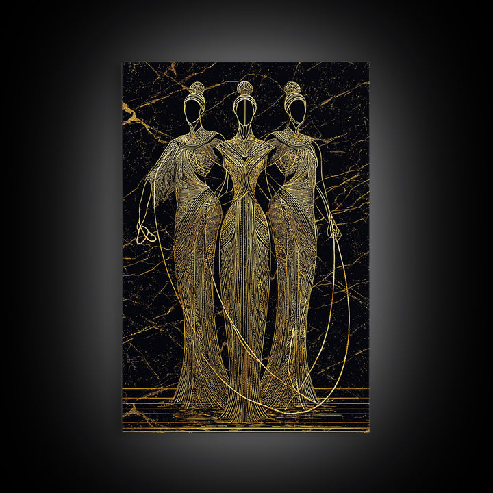 The Fates Mythological Canvas Gold Canvas Print, Destiny Goddess Wall Art, Greek Myth Symbolism, Elegant Decor, Real Wood Frame