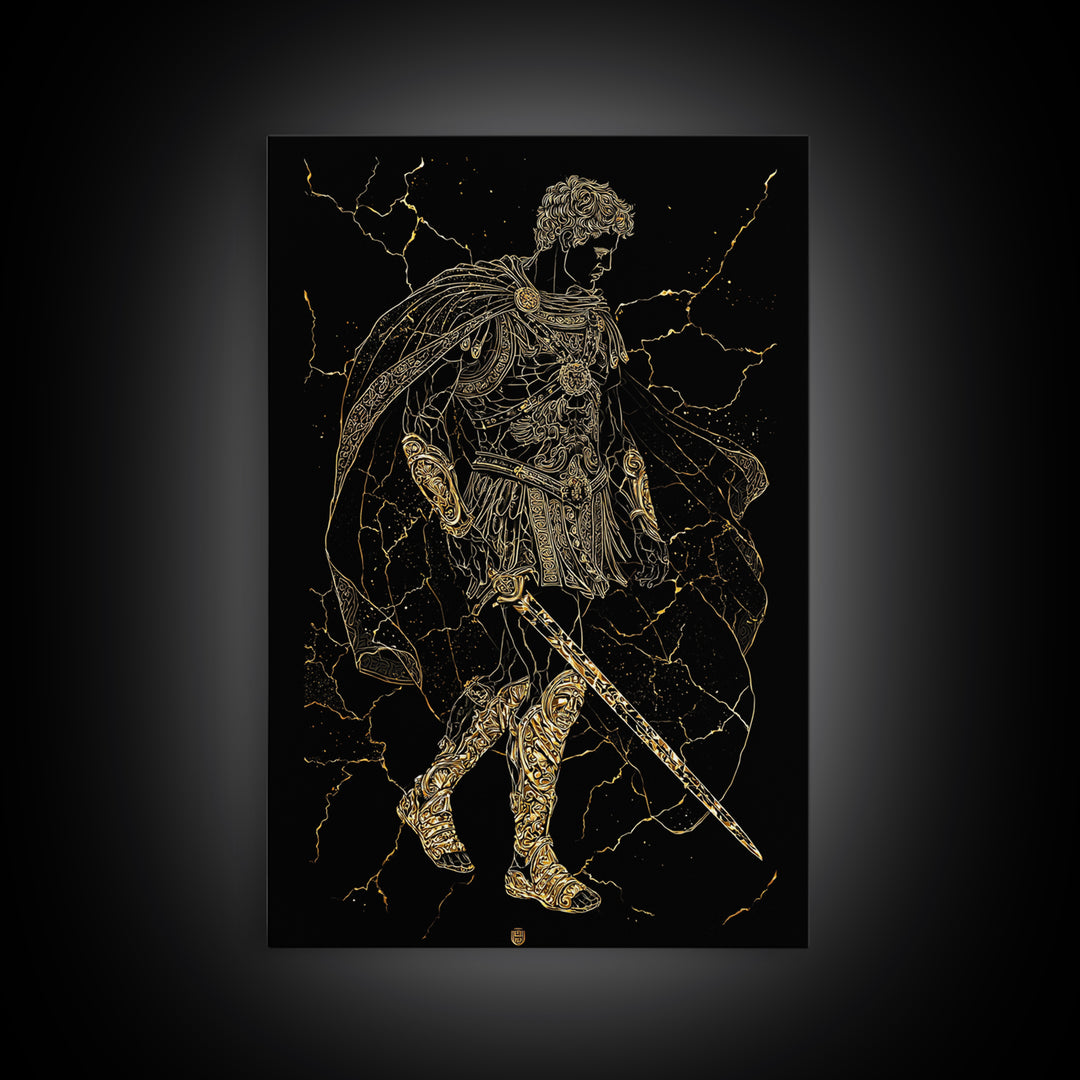 Roman Warrior Hero Canvas Gold Canvas Print, Ancient Gladiator Wall Art, Mythological Soldier Decor, Real Wood Frame