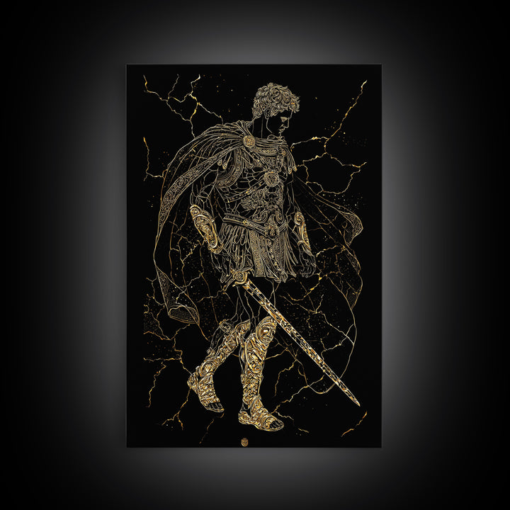 Roman Warrior Hero Canvas Gold Canvas Print, Ancient Gladiator Wall Art, Mythological Soldier Decor, Real Wood Frame