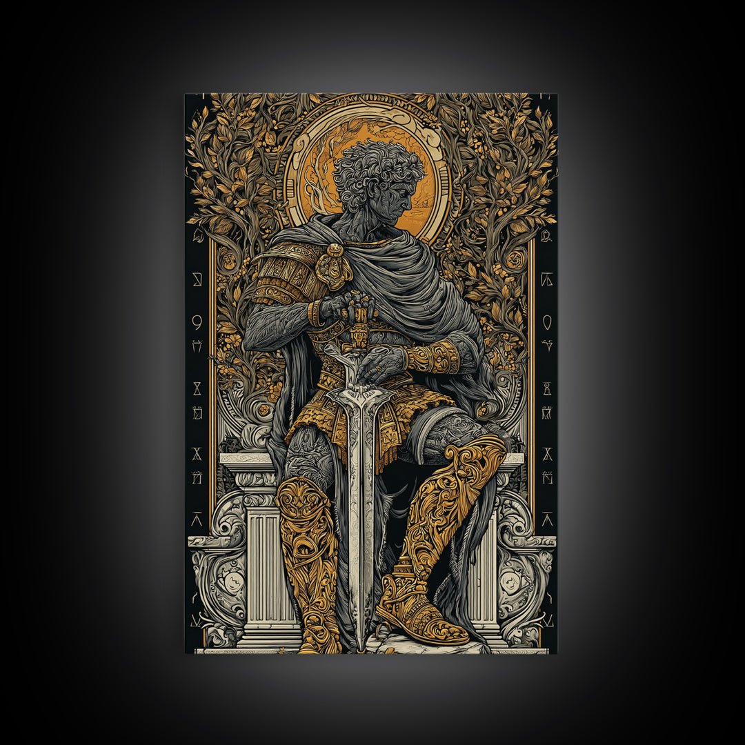 Seated Roman King Canvas Gold Canvas Print, Ancient Emperor Wall Art, Regal Mythological Decor, Real Wood Frame