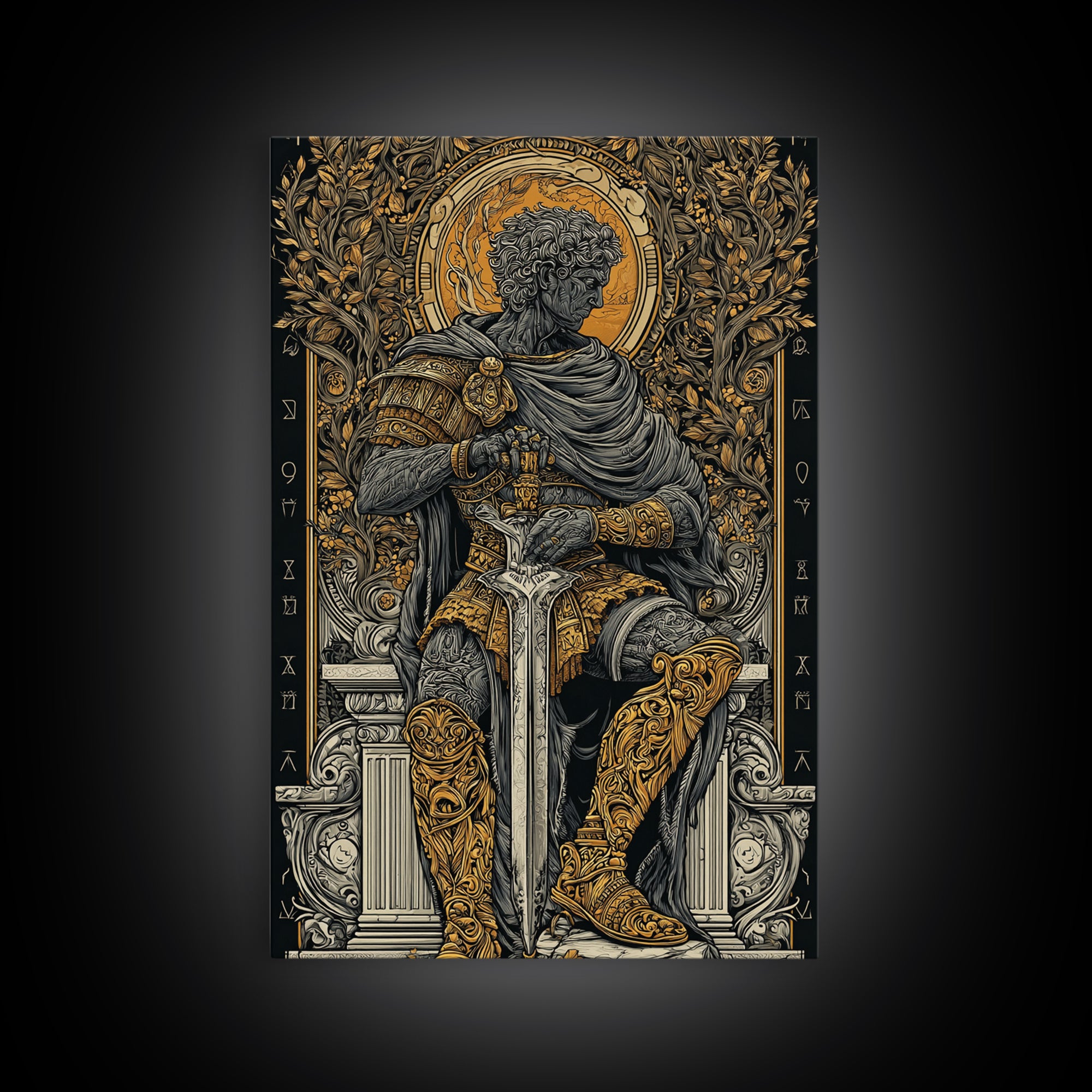 Seated Roman King Canvas Gold Canvas Print, Ancient Emperor Wall Art, Regal Mythological Decor, Real Wood Frame