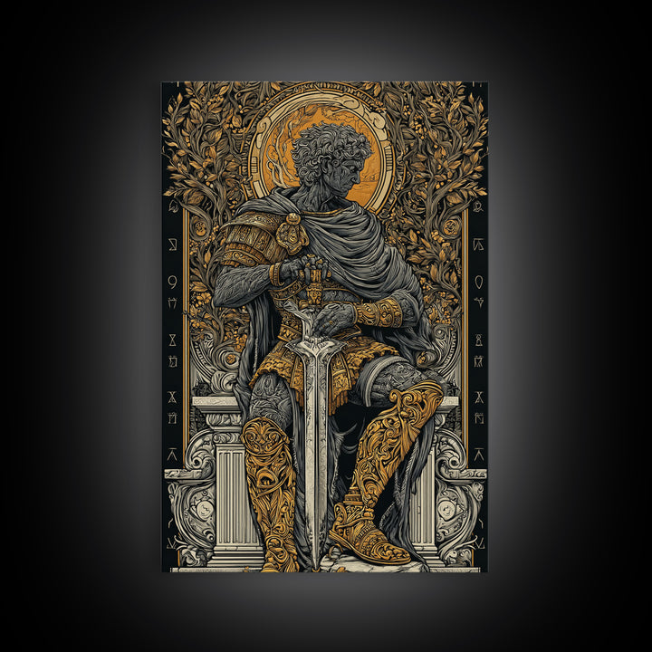Seated Roman King Canvas Gold Canvas Print, Ancient Emperor Wall Art, Regal Mythological Decor, Real Wood Frame
