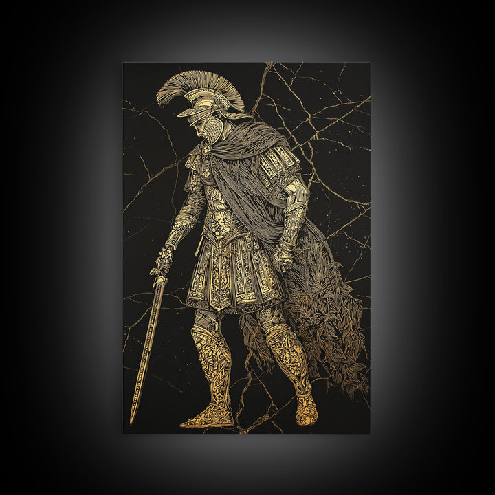 Mythical Roman Soldier Canvas Gold Canvas Print, Ancient Gladiator Wall Art, Warrior Decorative Art, Real Wood Frame
