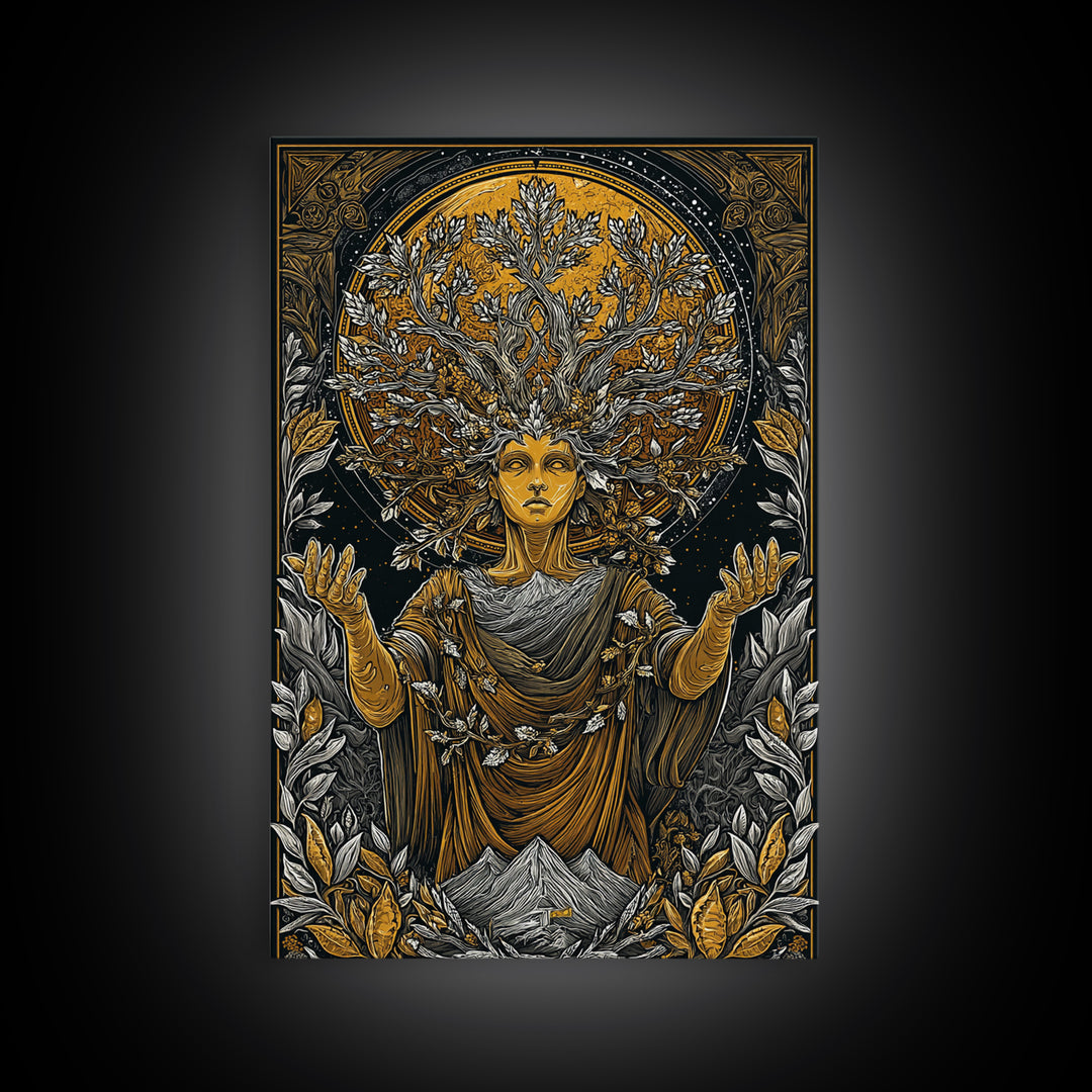 Gaia Mother Earth Canvas Gold Canvas Print, Greek Goddess Wall Art, Divine Nature Decorative Art, Real Wood Frame