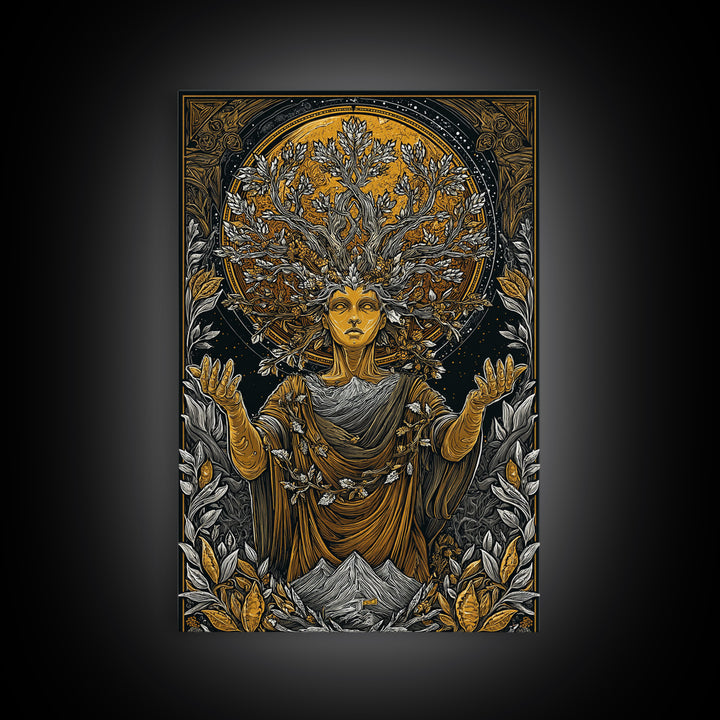 Gaia Mother Earth Canvas Gold Canvas Print, Greek Goddess Wall Art, Divine Nature Decorative Art, Real Wood Frame
