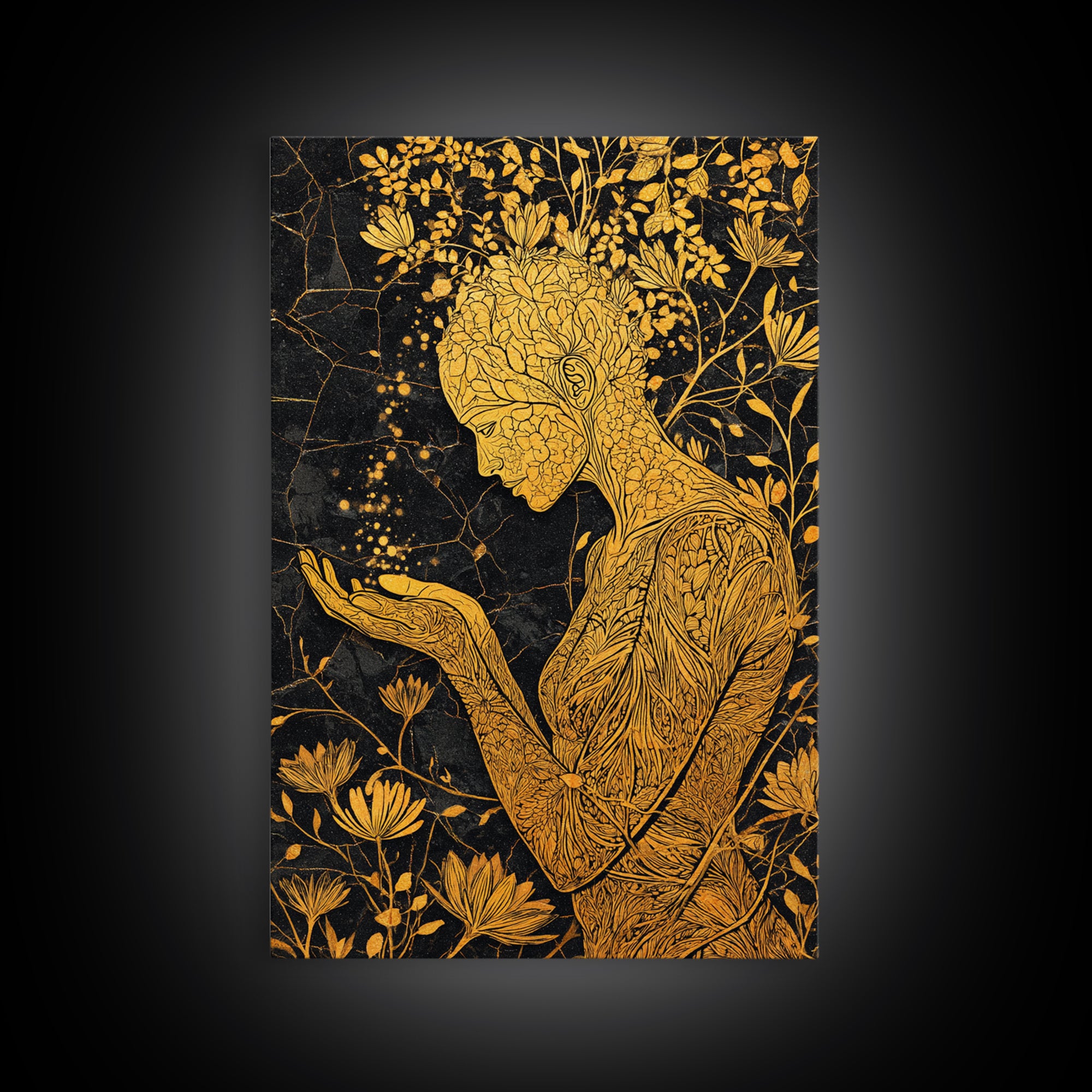 Floral Spirit Goddess Canvas Gold Canvas Print, Botanical Mythological Wall Art, Feminine Divine Decor, Real Wood Frame