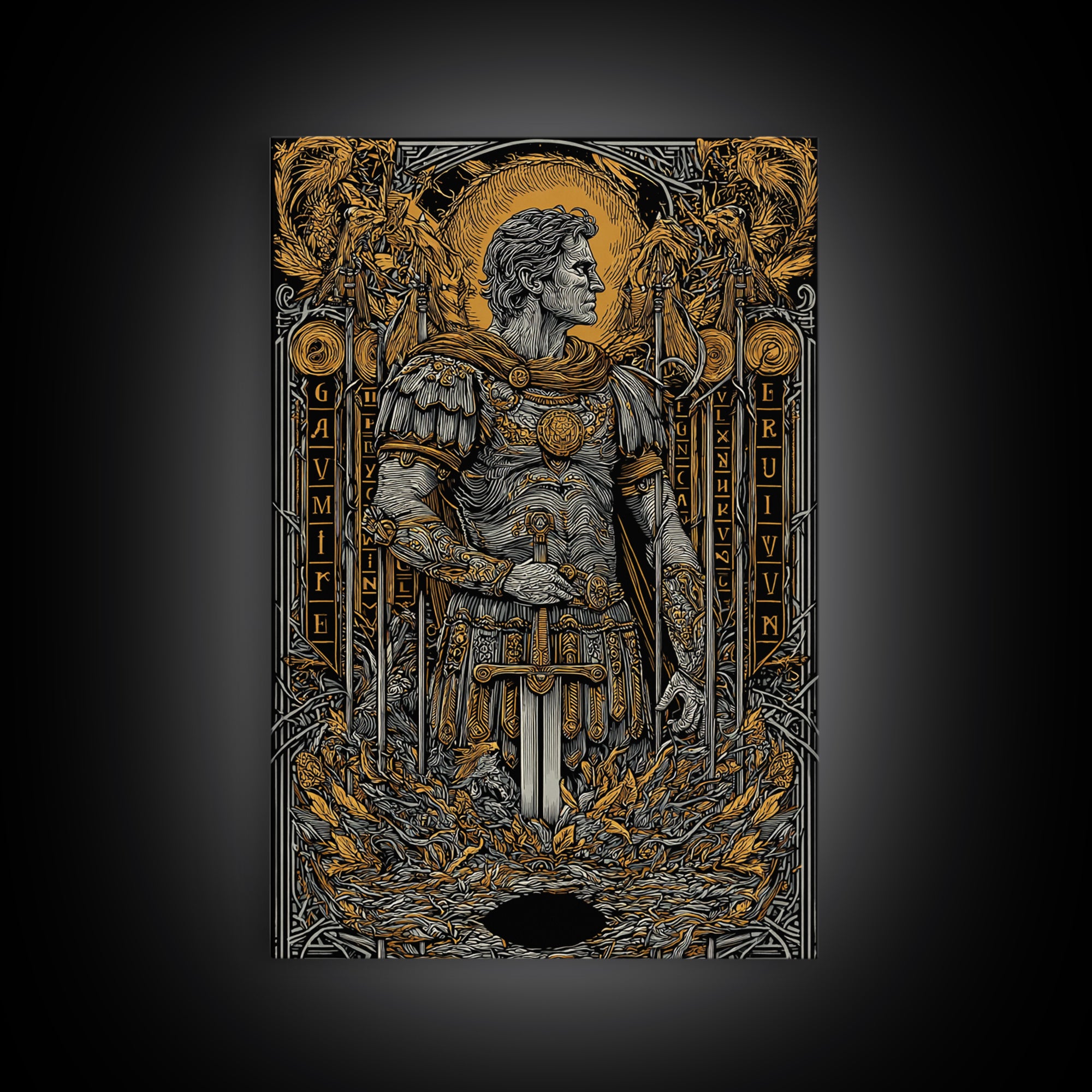 Roman Warrior Holding Sword, Canvas Gold Canvas Print, Ancient Soldier Artwork, Mythology Wall Art, Real Wood Frame