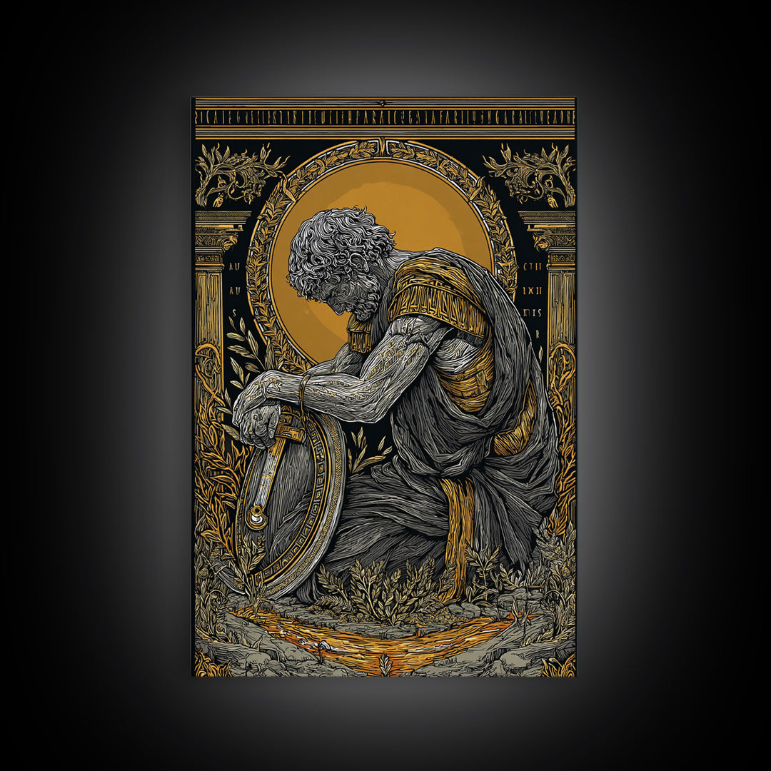 Kneeling Roman Soldier With Shield, Canvas Gold Art, Mythology Inspired Print, Ancient History Wall Decor, Real Wood Frame