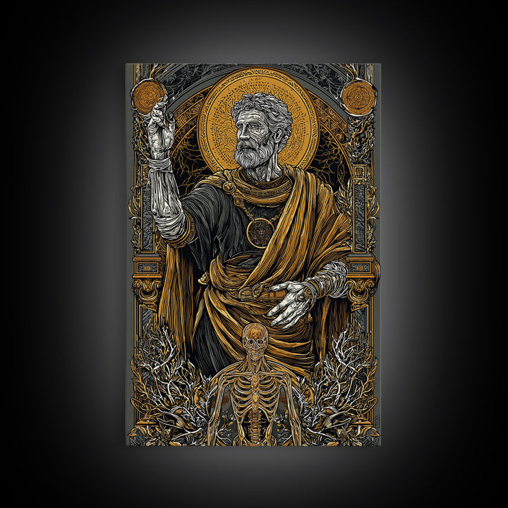 Ancient Philosopher With Skeleton, Canvas Gold Canvas Print, Mythology Wall Art, Classical History Artwork, Real Wood Frame