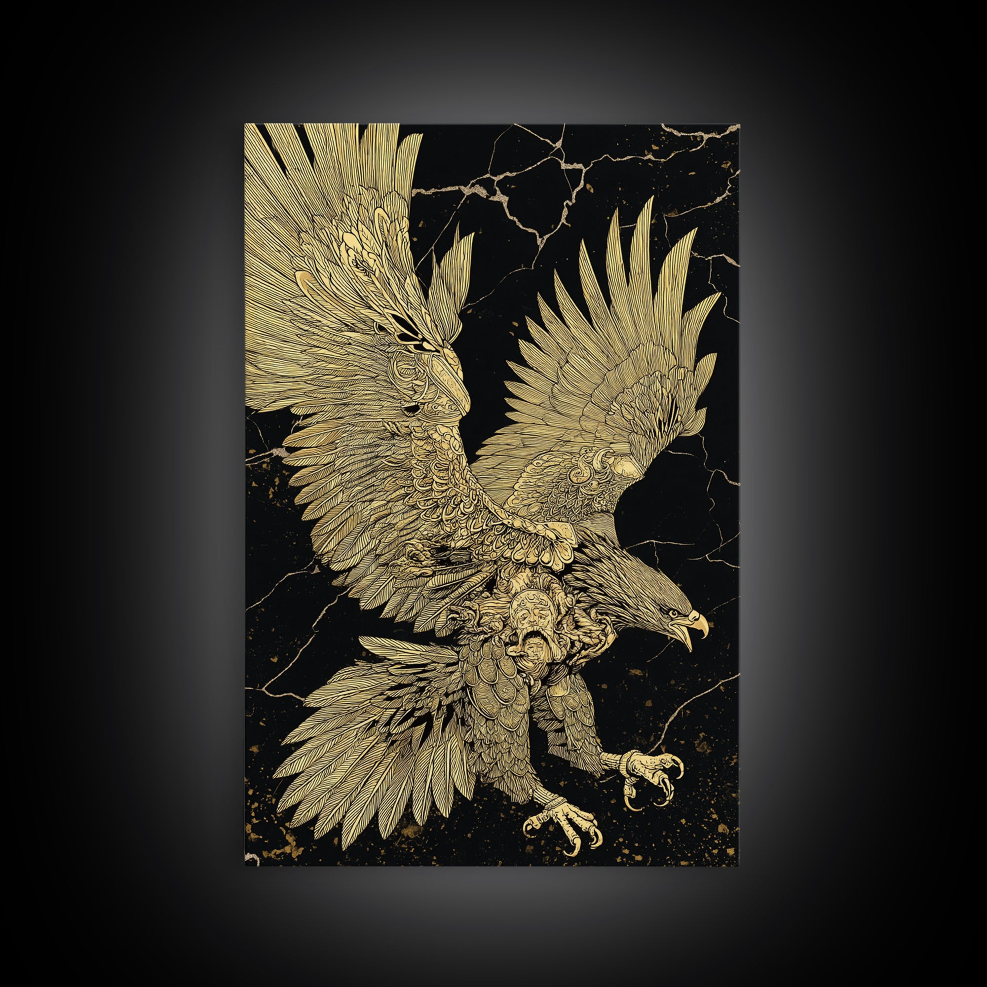 Majestic Eagle In Flight, Canvas Gold Art, Mythology Inspired Bird Print, Ancient Symbol Wall Decor, Luxury Real Wood Frame