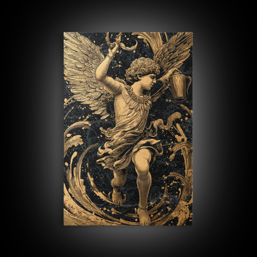 Winged Angel With Water Vessel, Canvas Gold Canvas Print, Mythology Inspired Artwork, Ancient Classical Decor, Real Wood Frame
